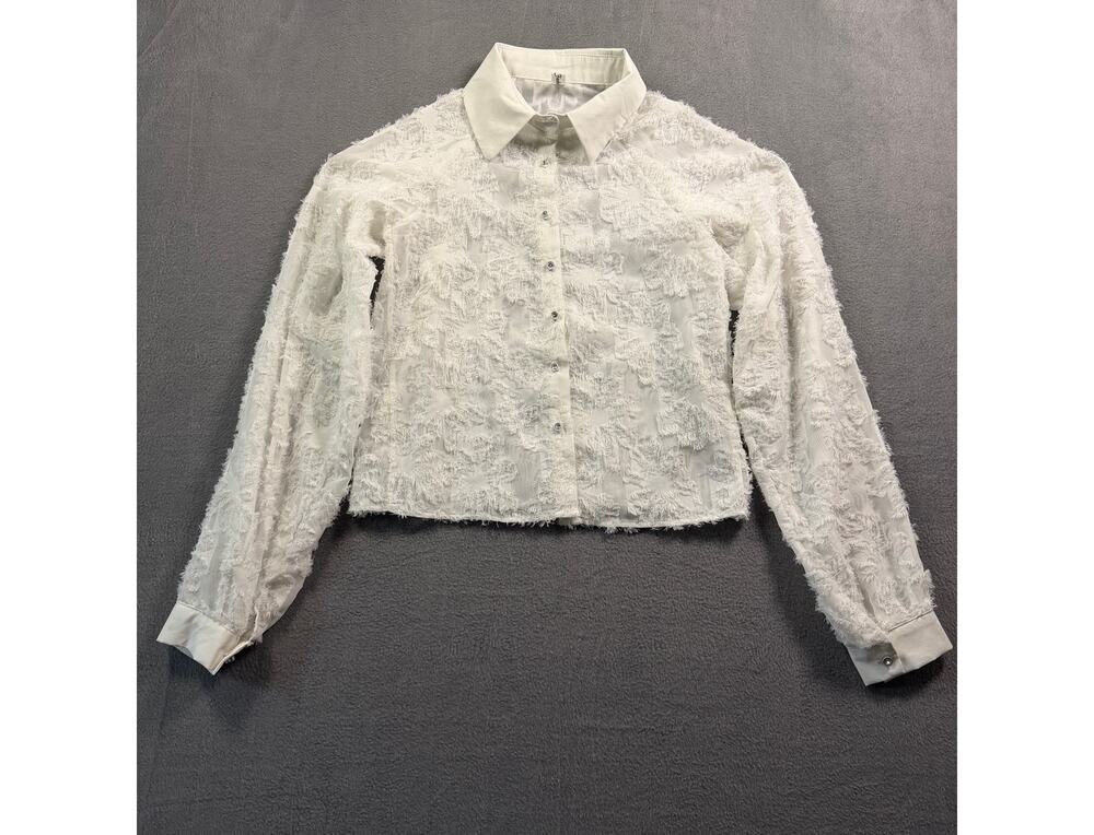 Yan Ai Fashion Womens Small White Fuzzy Shag Feather Textured Button‎ Up Shirt S